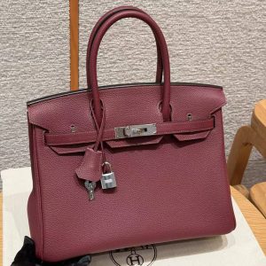 Hermes Birkin 30 Bag Handmade In Togo Calfskin Leather Silver Hardware 55 Rouge H