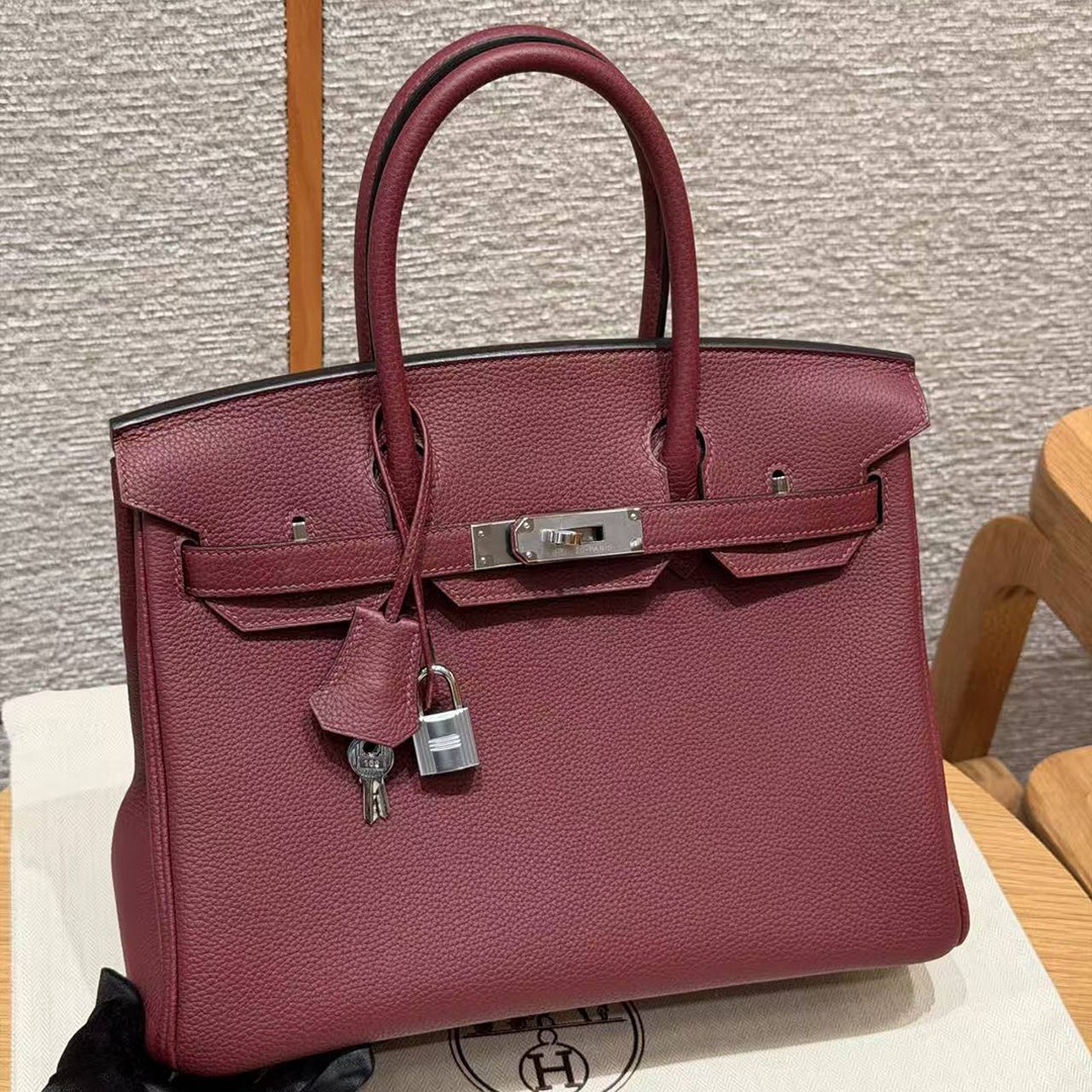 Hermes Birkin 30 Bag Handmade In Togo Calfskin Leather Silver Hardware 55 Rouge H