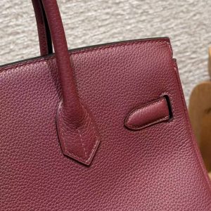 Hermes Birkin 30 Bag Handmade In Togo Calfskin Leather Silver Hardware 55 Rouge H - Image 17