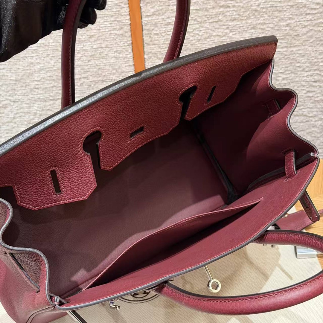 Hermes Birkin 30 Bag Handmade In Togo Calfskin Leather Silver Hardware 55 Rouge H - Image 5