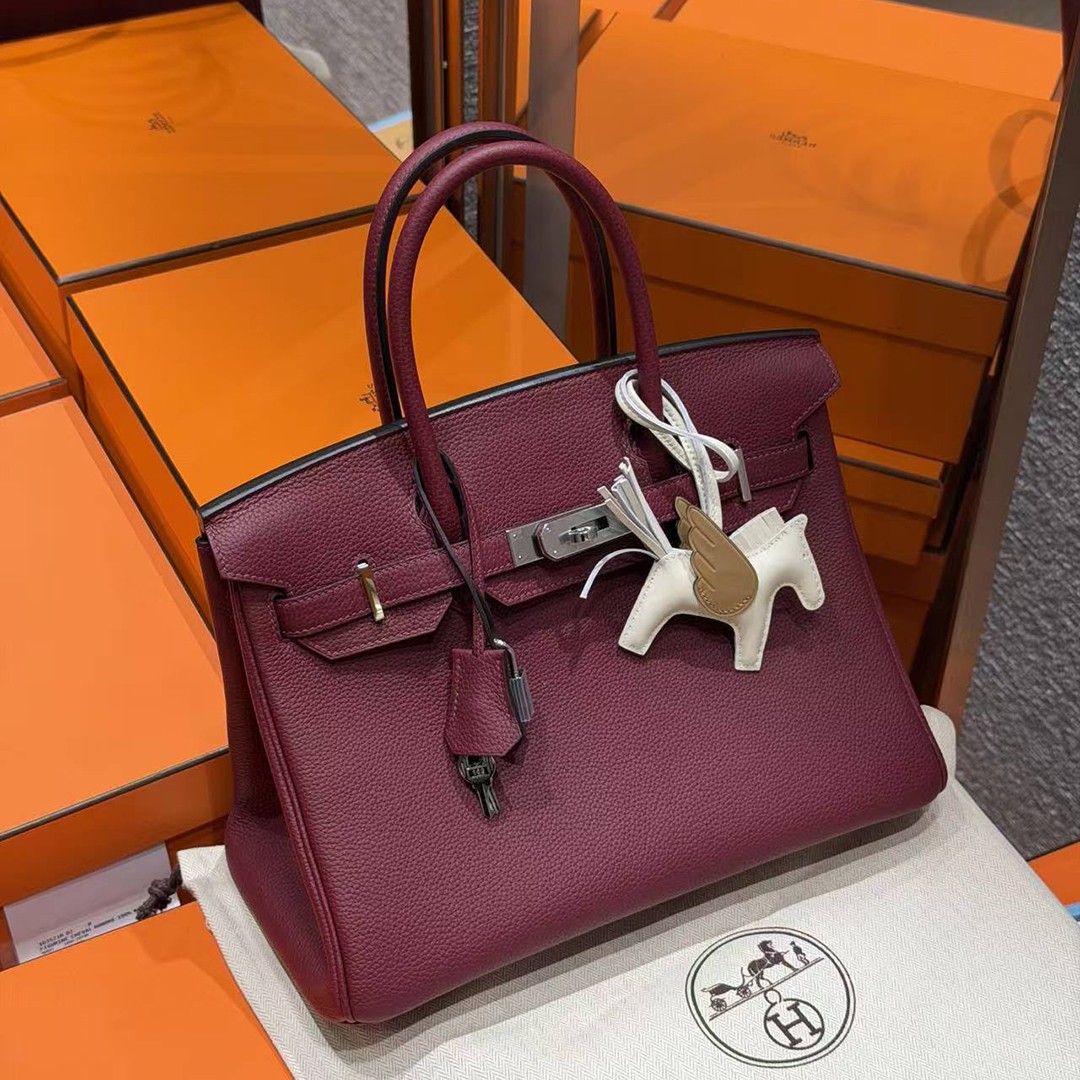 Hermes Birkin 30 Bag Handmade In Togo Calfskin Leather Silver Hardware 55 Rouge H - Image 3