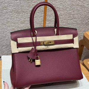 Hermes Birkin 30 Bag Handmade In Togo Calfskin Leather Gold Hardware 57 Bordeaux
