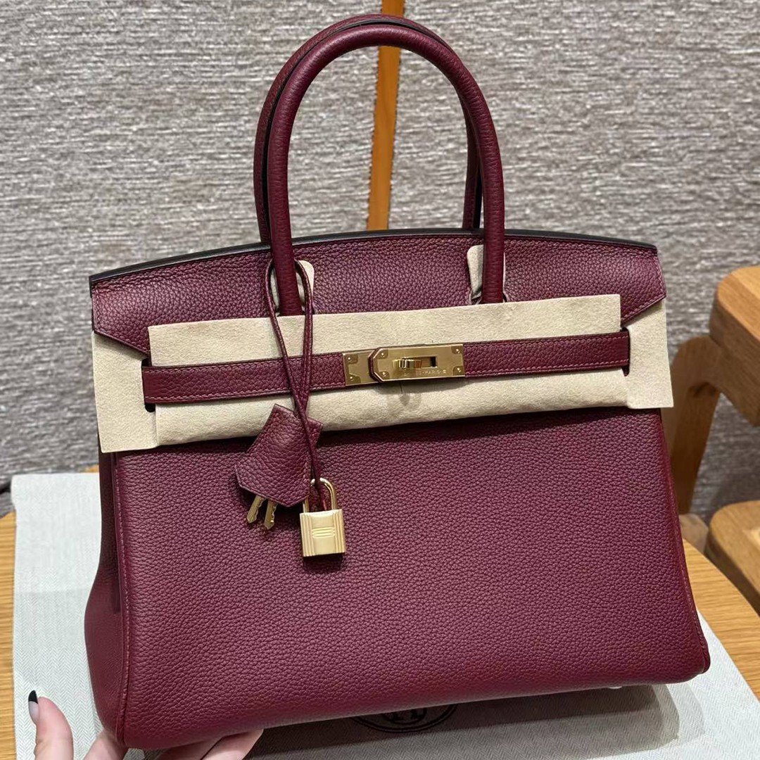 Hermes Birkin 30 Bag Handmade In Togo Calfskin Leather Gold Hardware 57 Bordeaux