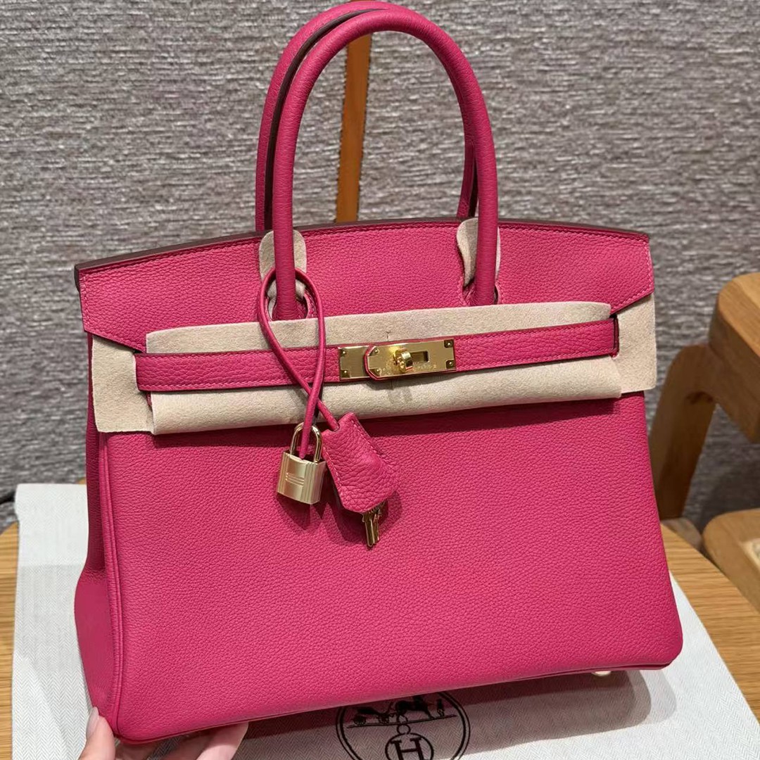 Hermes Birkin 30 Bag Handmade In Togo Calfskin Leather Gold Hardware 5J Fuchia