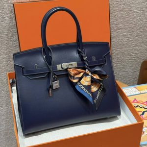 Hermes Birkin 30 Bag Handmade In Box Calfskin Leather Gold Hardware 73 Blue Saphir - Image 12