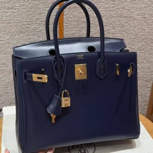 Hermes Birkin 30 Bag Handmade In Box Calfskin Leather Gold Hardware 73 Blue Saphir - Image 9