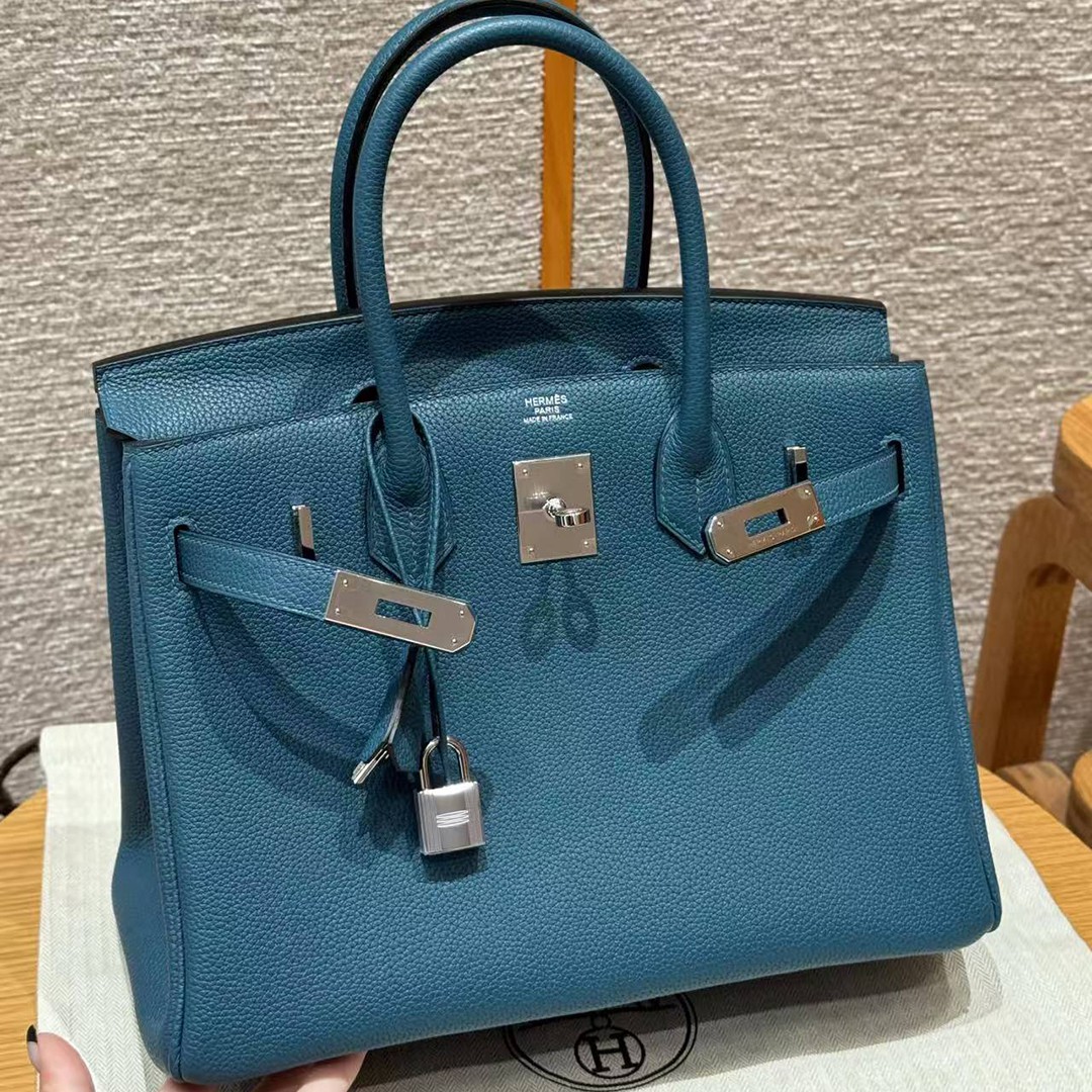 Hermes Birkin 30 Bag Handmade In Togo Calfskin Leather Silver Hardware 7c Cobalt