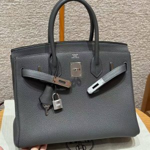 Hermes Birkin 30 Bag Handmade In Togo Calfskin Leather Silver Hardware 88 Graphite - Image 7