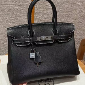 Hermes Birkin 30 Bag Handmade In Chèvre Calfskin Leather Silver Hardware 89 Noir 9R Lemon