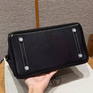 Hermes Birkin 30 Bag Handmade In Chèvre Calfskin Leather Silver Hardware 89 Noir 9R Lemon - Image 17