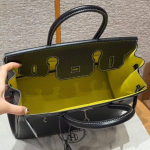 Hermes Birkin 30 Bag Handmade In Chèvre Calfskin Leather Silver Hardware 89 Noir 9R Lemon - Image 16