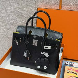 Hermes Birkin 30 Bag Handmade In Chèvre Calfskin Leather Silver Hardware 89 Noir 9R Lemon - Image 12