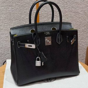 Hermes Birkin 30 Bag Handmade In Chèvre Calfskin Leather Silver Hardware 89 Noir 9R Lemon - Image 11