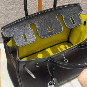 Hermes Birkin 30 Bag Handmade In Chèvre Calfskin Leather Silver Hardware 89 Noir 9R Lemon - Image 9