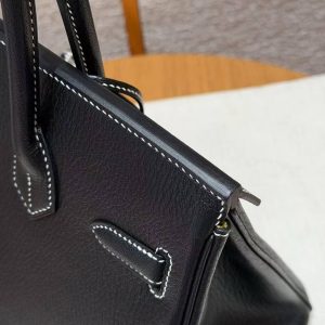 Hermes Birkin 30 Bag Handmade In Chèvre Calfskin Leather Silver Hardware 89 Noir 9R Lemon - Image 5