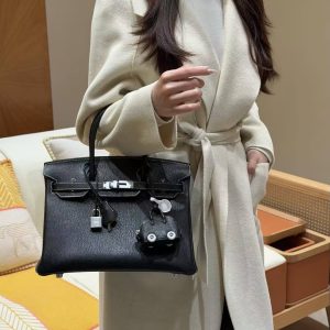 Hermes Birkin 30 Bag Handmade In Chèvre Calfskin Leather Silver Hardware 89 Noir 9R Lemon - Image 3