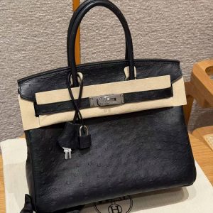 Hermes Birkin 30 Bag Handmade In KK Ostrich Leather from South Africa Silver Hardware 89 Noir