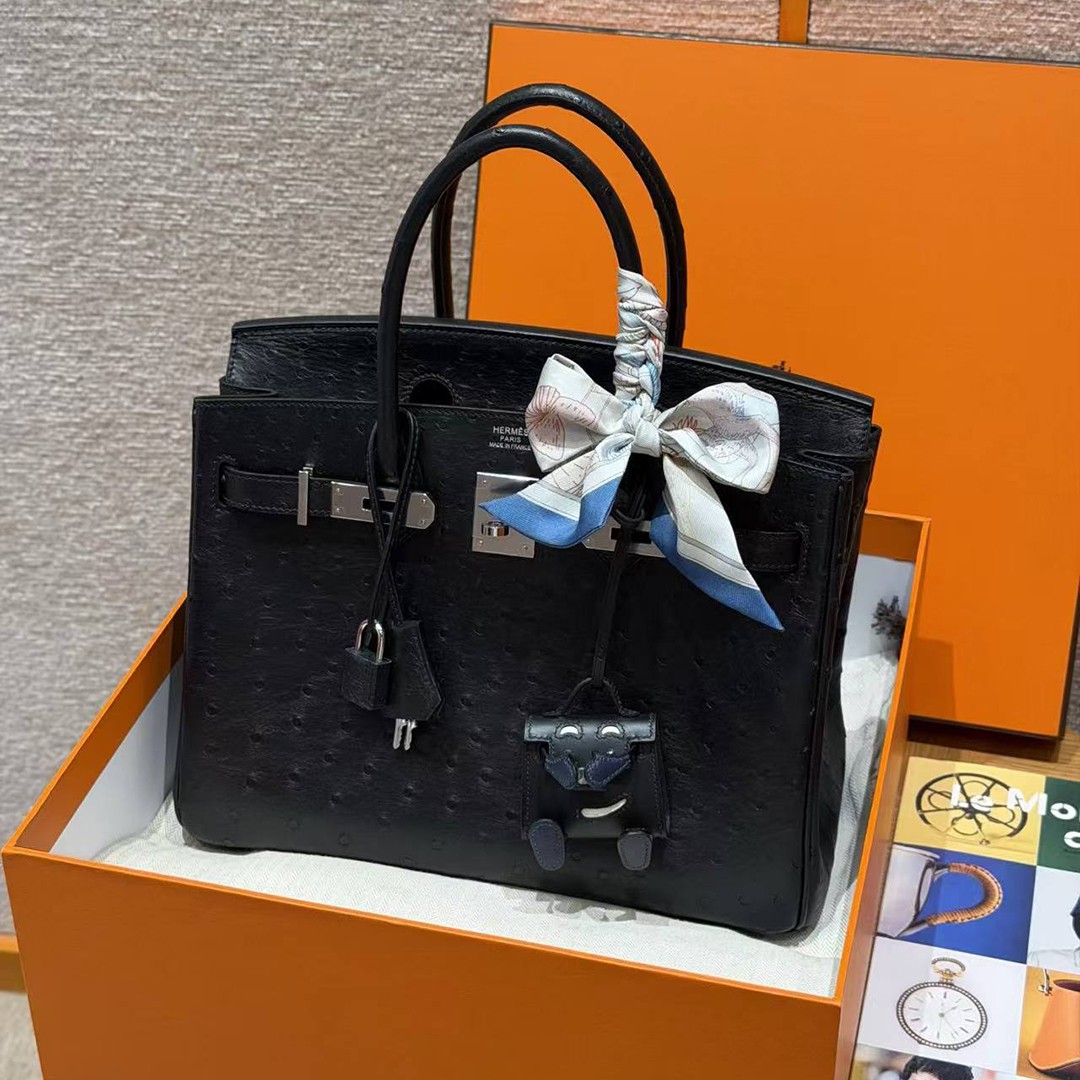 Hermes Birkin 30 Bag Handmade In KK Ostrich Leather from South Africa Silver Hardware 89 Noir - Image 21