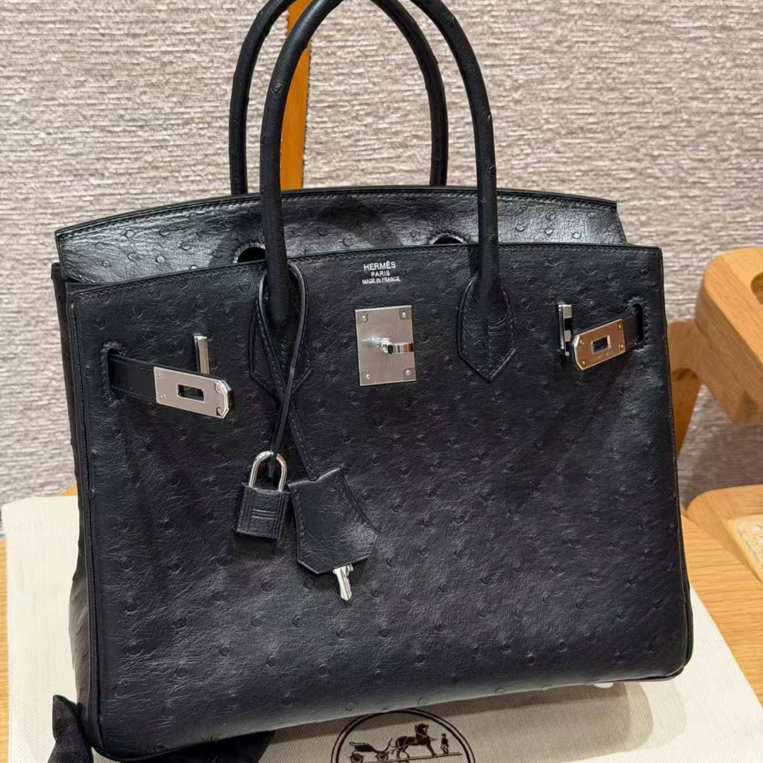 Hermes Birkin 30 Bag Handmade In KK Ostrich Leather from South Africa Silver Hardware 89 Noir - Image 20
