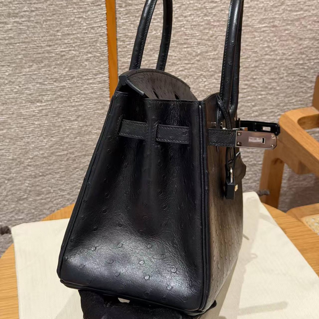 Hermes Birkin 30 Bag Handmade In KK Ostrich Leather from South Africa Silver Hardware 89 Noir - Image 19