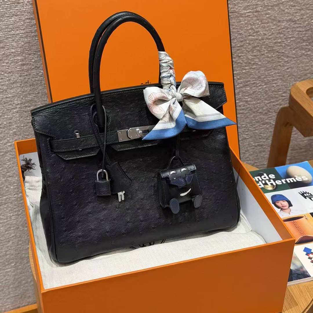 Hermes Birkin 30 Bag Handmade In KK Ostrich Leather from South Africa Silver Hardware 89 Noir - Image 12
