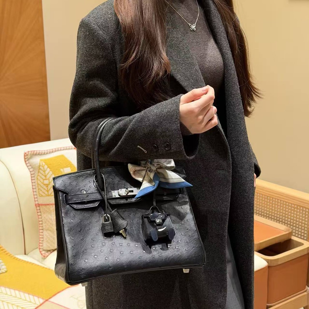 Hermes Birkin 30 Bag Handmade In KK Ostrich Leather from South Africa Silver Hardware 89 Noir - Image 3