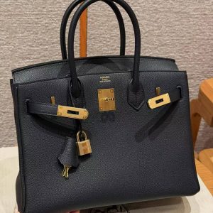 Hermes Birkin 30 Bag Handmade In Togo Calfskin Leather Gold Hardware 89 Noir - Image 9