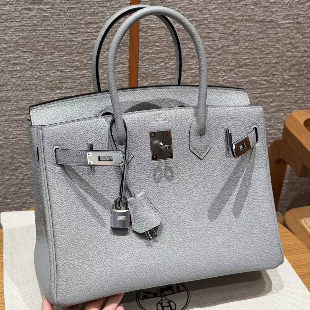 Hermes Birkin 30 Bag Handmade In Togo Calfskin Leather Silver Hardware 8U Blue Glacier - Image 2