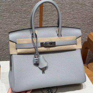 Hermes Birkin 30 Bag Handmade In Togo Calfskin Leather Silver Hardware 8U Blue Glacier