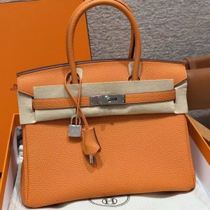 Hermes Birkin 30 Bag Handmade In Togo Calfskin Leather Silver Hardware 93 Orange
