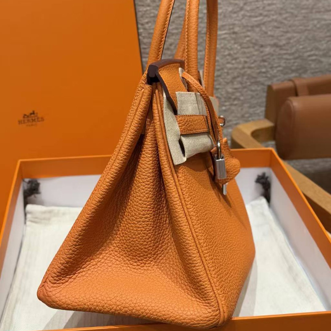 Hermes Birkin 30 Bag Handmade In Togo Calfskin Leather Silver Hardware 93 Orange - Image 16