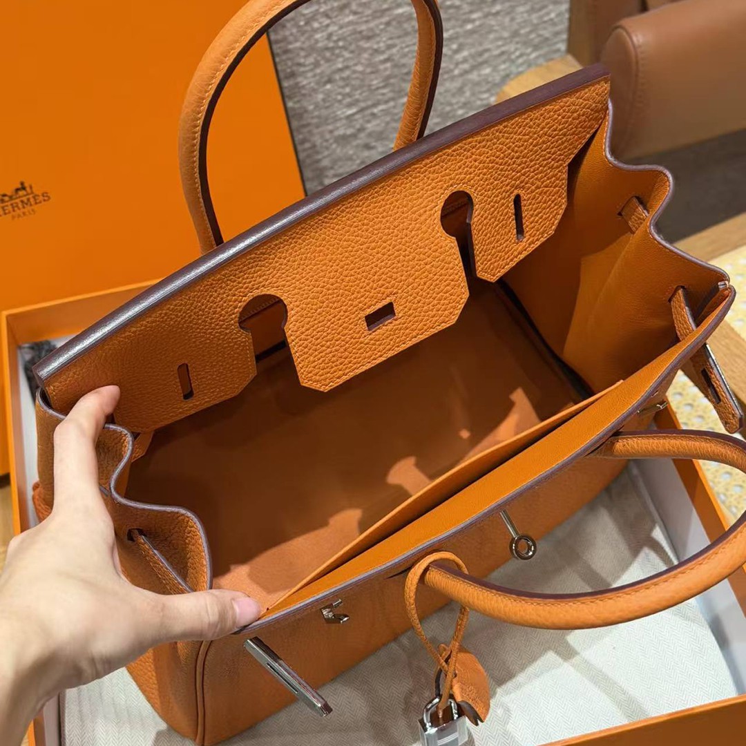 Hermes Birkin 30 Bag Handmade In Togo Calfskin Leather Silver Hardware 93 Orange - Image 14