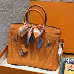 Hermes Birkin 30 Bag Handmade In Togo Calfskin Leather Silver Hardware 93 Orange - Image 11