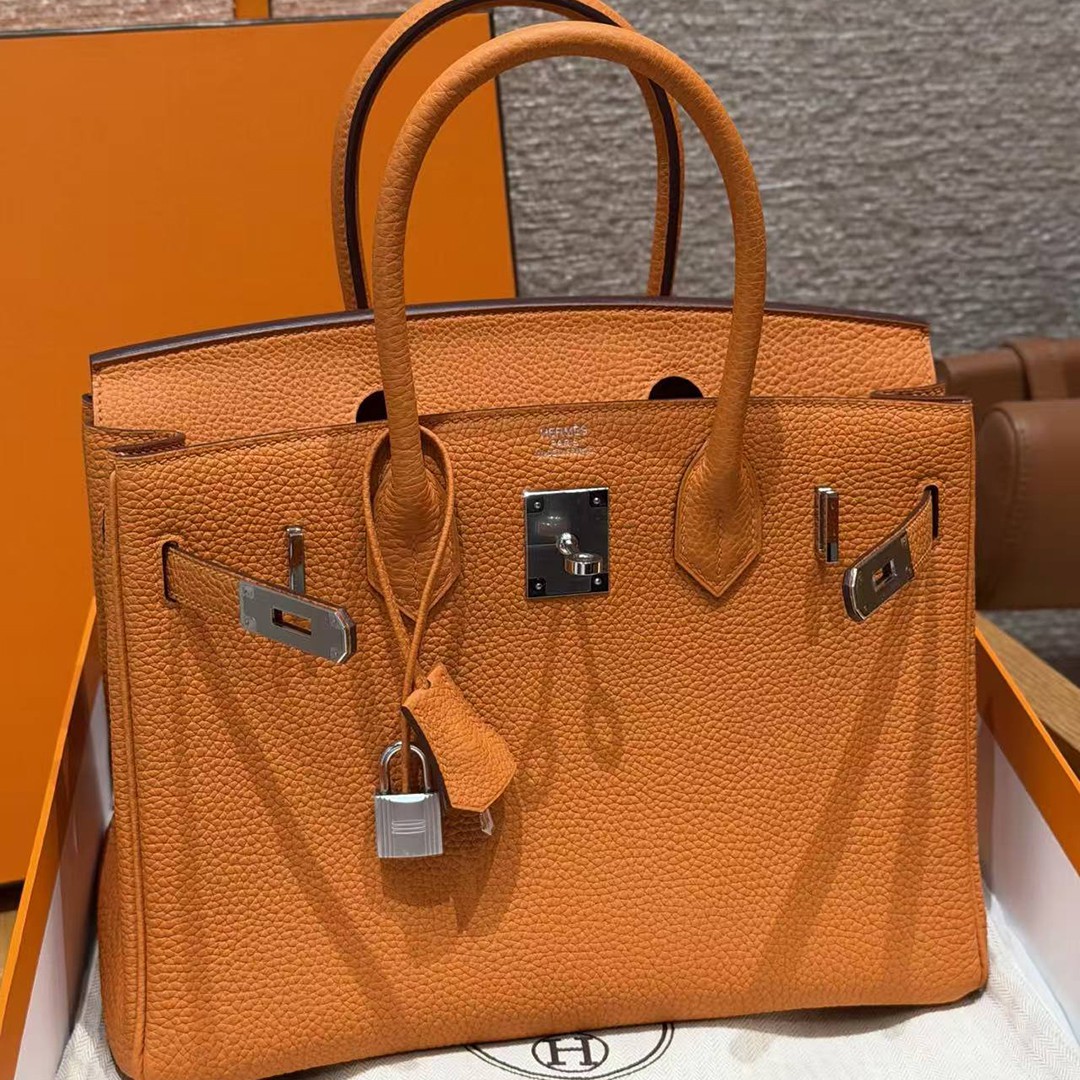 Hermes Birkin 30 Bag Handmade In Togo Calfskin Leather Silver Hardware 93 Orange - Image 10