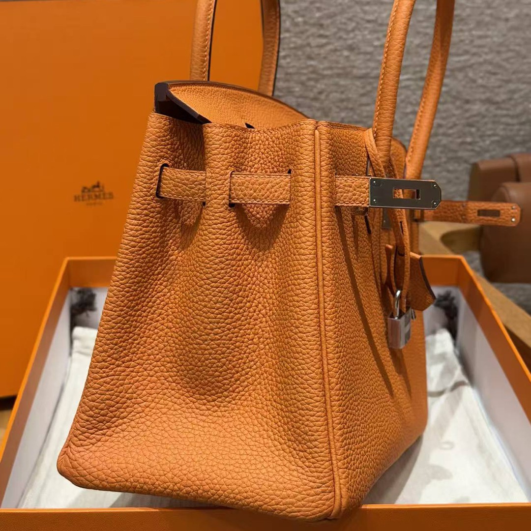 Hermes Birkin 30 Bag Handmade In Togo Calfskin Leather Silver Hardware 93 Orange - Image 9
