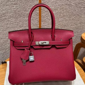 Hermes Birkin 30 Bag Handmade In Togo Calfskin Leather Silver Hardware K1 Rouge Grenat