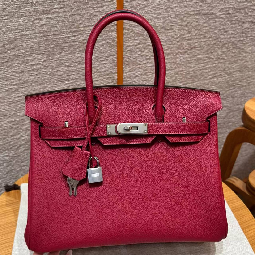Hermes Birkin 30 Bag Handmade In Togo Calfskin Leather Silver Hardware K1 Rouge Grenat