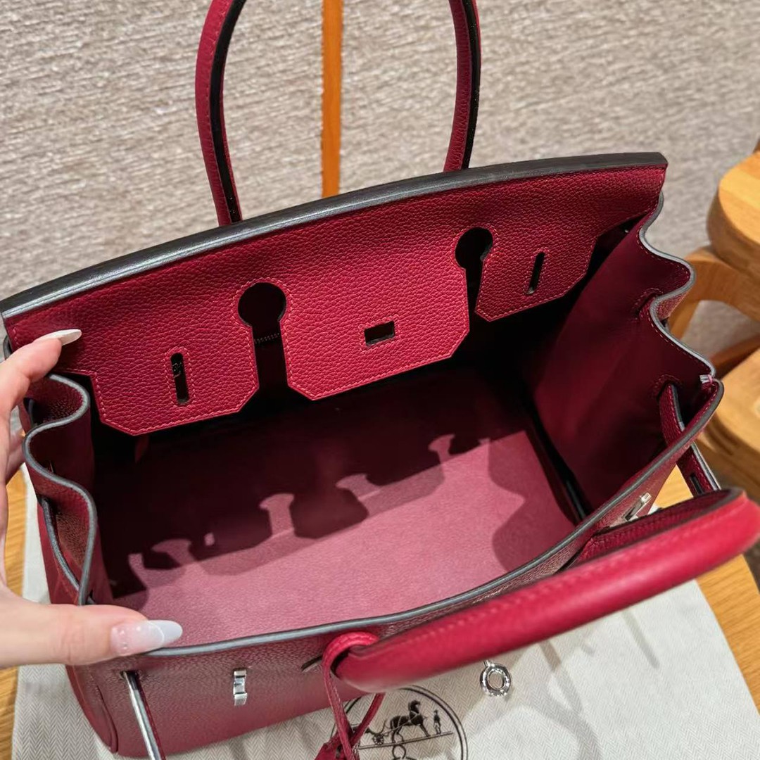 Hermes Birkin 30 Bag Handmade In Togo Calfskin Leather Silver Hardware K1 Rouge Grenat - Image 9