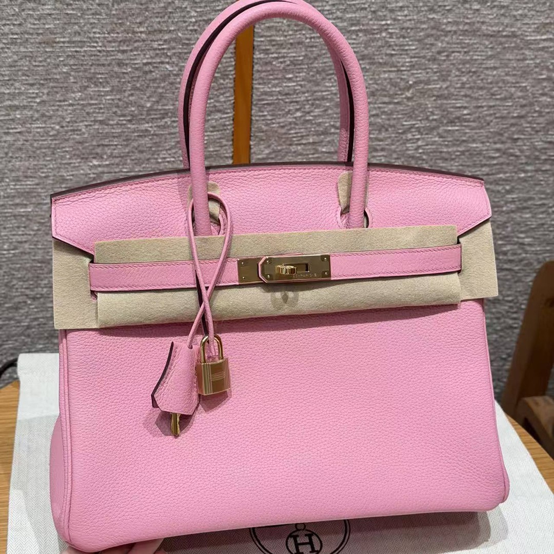 Hermes Birkin 30 Bag Handmade In Togo Calfskin Leather Gold Hardware L4 Bubble Gum