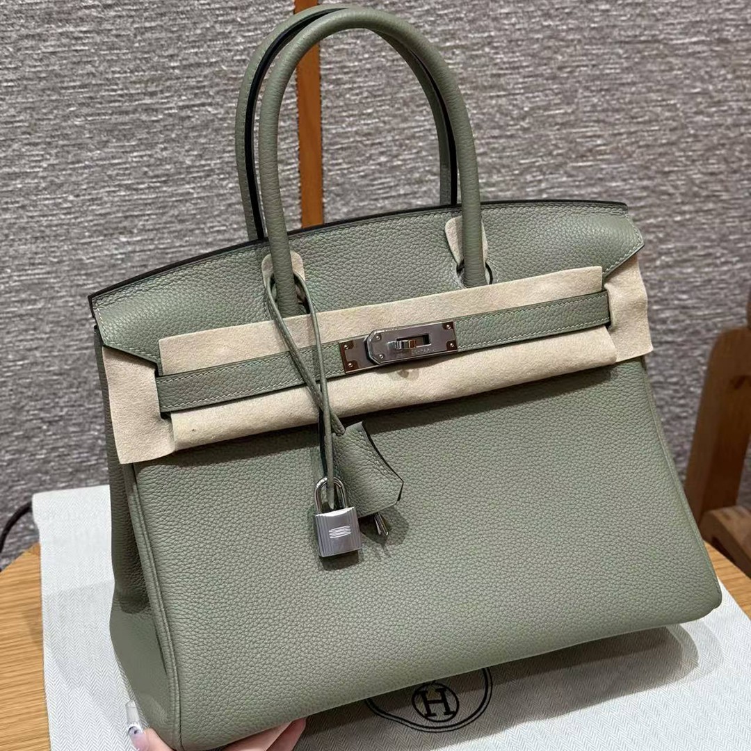 Hermes Birkin 30 Bag Handmade In Togo Calfskin Leather Silver Hardware Q1 Sauge