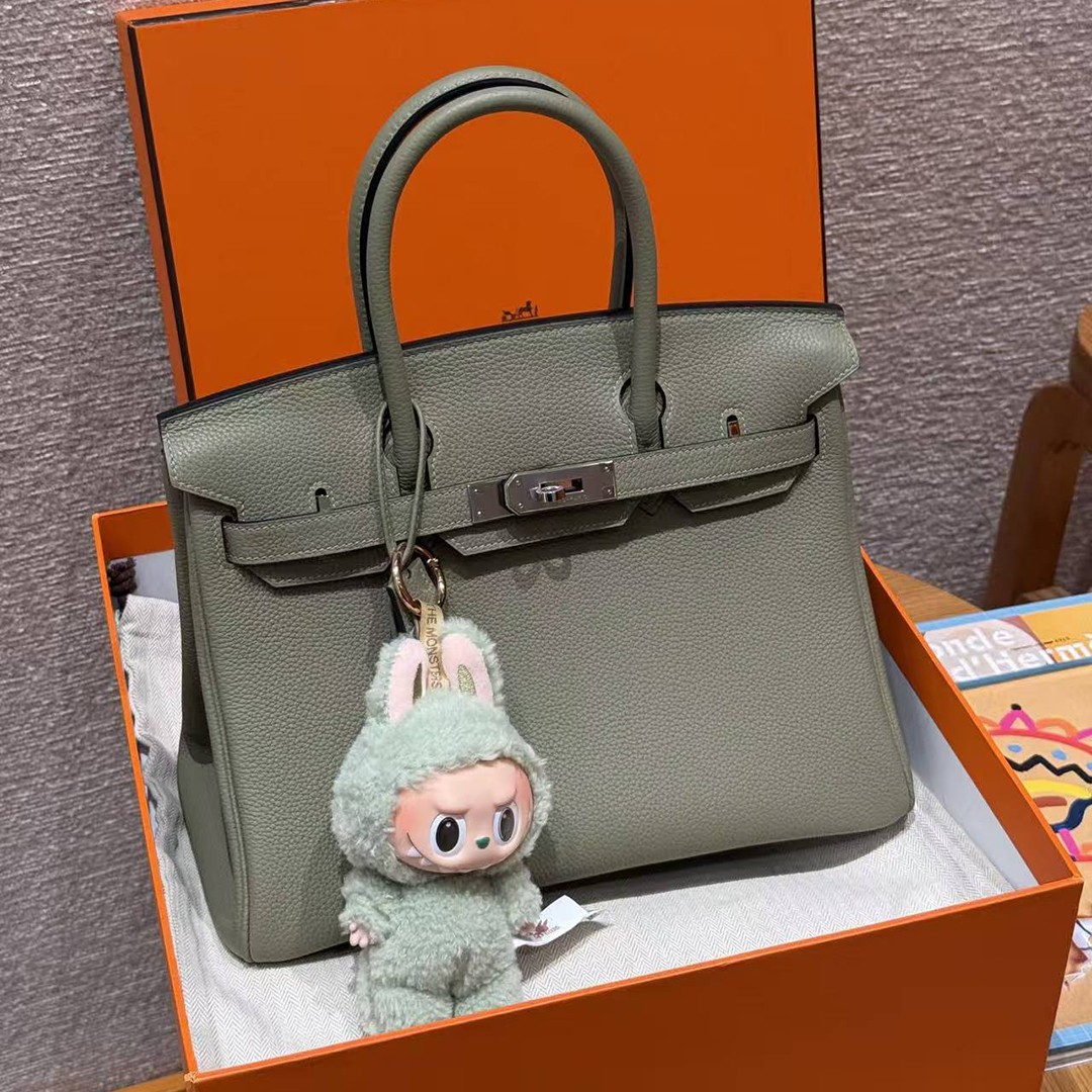 Hermes Birkin 30 Bag Handmade In Togo Calfskin Leather Silver Hardware Q1 Sauge - Image 13