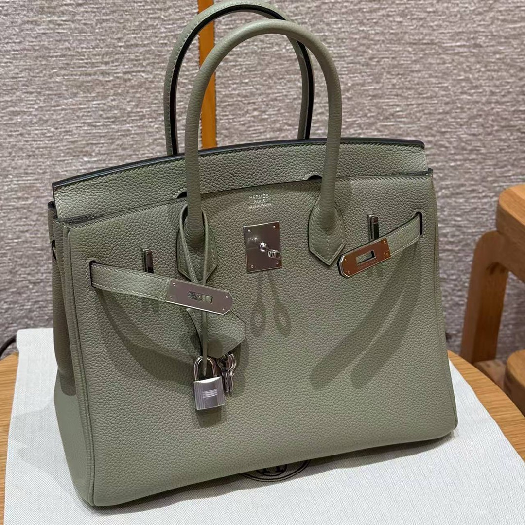 Hermes Birkin 30 Bag Handmade In Togo Calfskin Leather Silver Hardware Q1 Sauge - Image 12