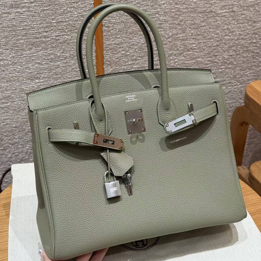 Hermes Birkin 30 Bag Handmade In Togo Calfskin Leather Silver Hardware Q1 Sauge - Image 11