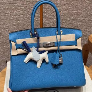 Hermes Birkin 30 Bag Handmade In Togo Calfskin Leather Silver Hardware T7 Blue Hydra