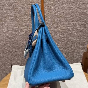 Hermes Birkin 30 Bag Handmade In Togo Calfskin Leather Silver Hardware T7 Blue Hydra - Image 23