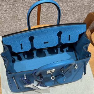 Hermes Birkin 30 Bag Handmade In Togo Calfskin Leather Silver Hardware T7 Blue Hydra - Image 19