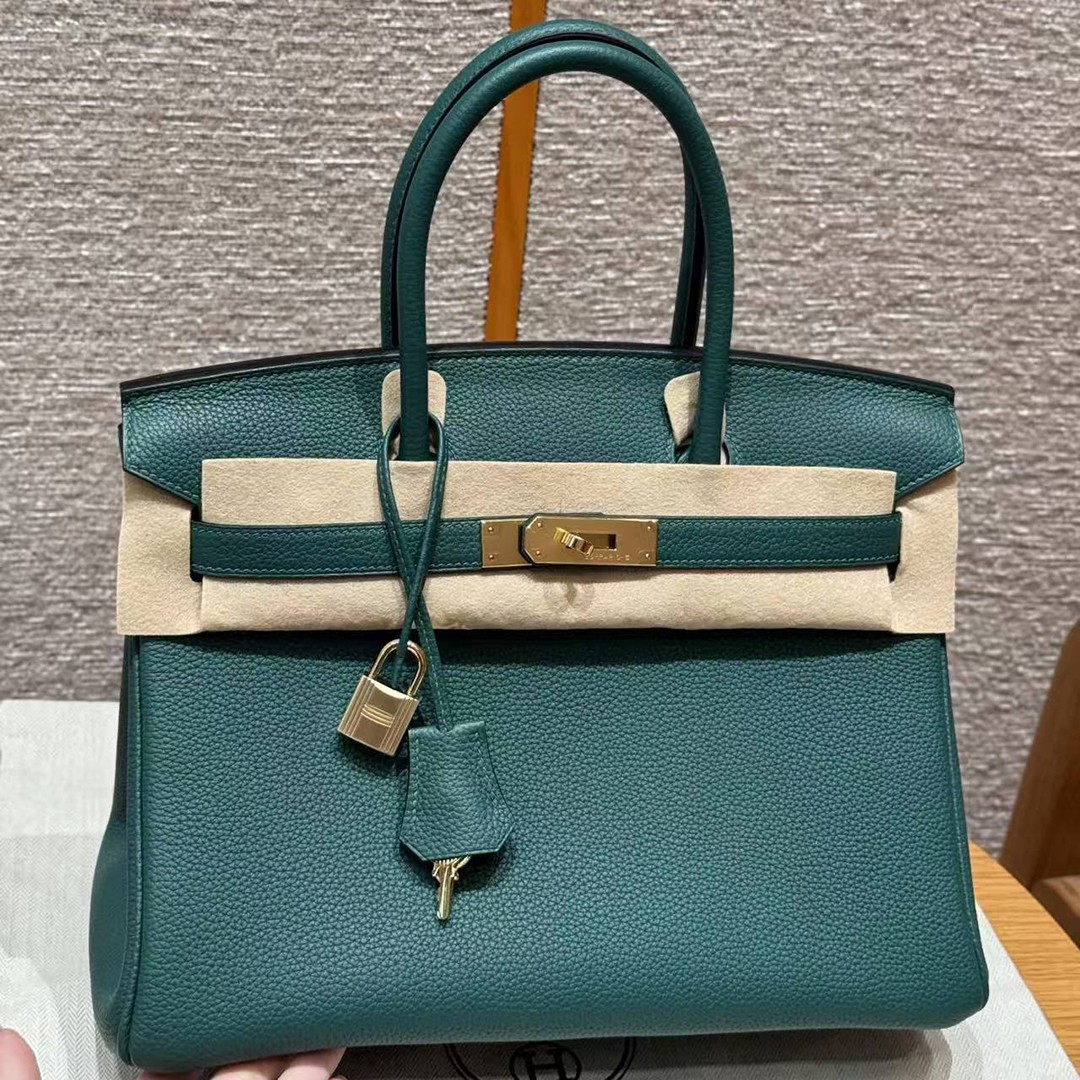 Hermes Birkin 30 Bag Handmade In Togo Calfskin Leather Gold Hardware Z6 Malachite