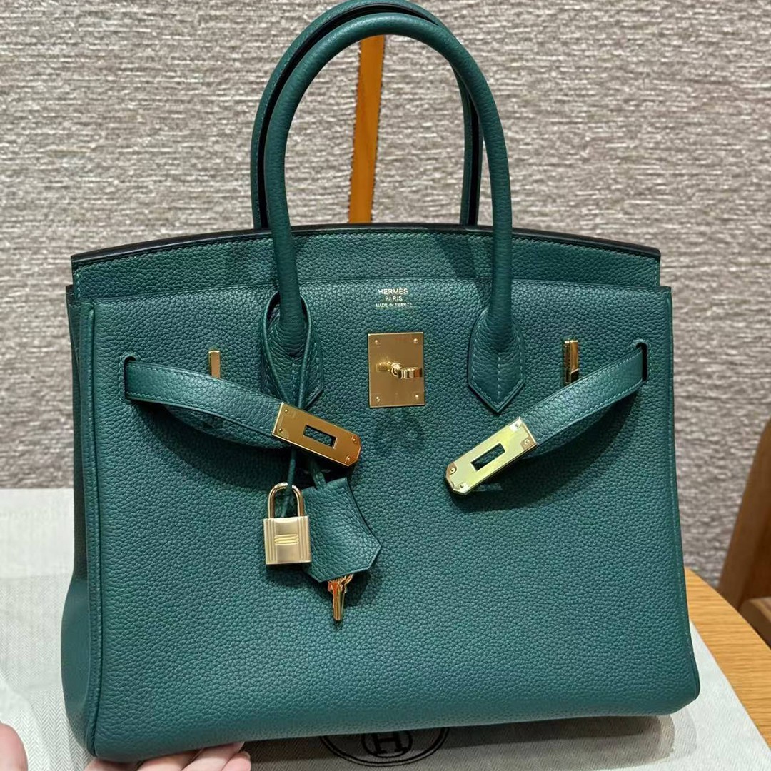 Hermes Birkin 30 Bag Handmade In Togo Calfskin Leather Gold Hardware Z6 Malachite - Image 12