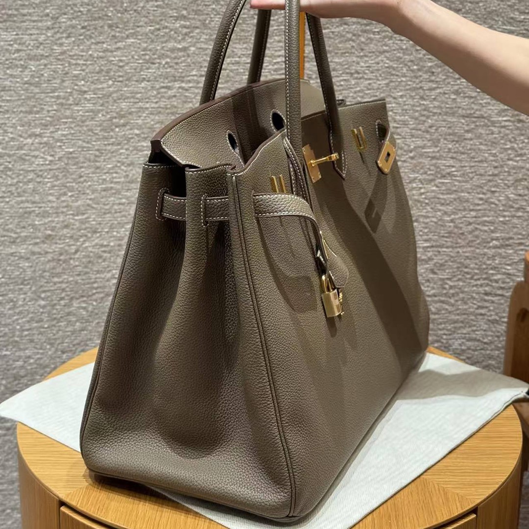 Hermes Birkin 40 Bag Handmade In Togo Calfskin Leather Gold Hardware 18 Etoupe - Image 11
