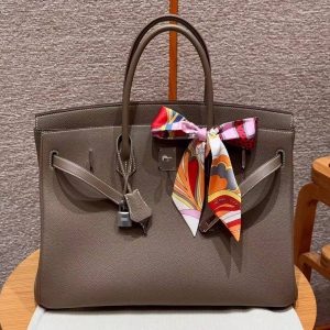 Hermes Birkin 40 Bag Handmade In Togo Calfskin Leather Silver Hardware 18 Etoupe - Image 3